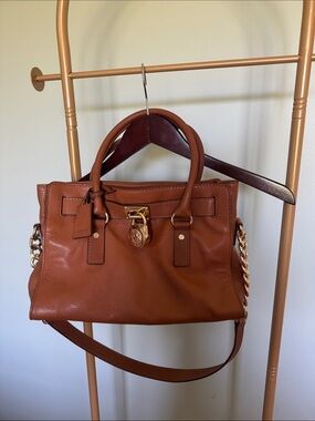 Michael Kors Cognac Leather Satchel with Gold-Tone Accents